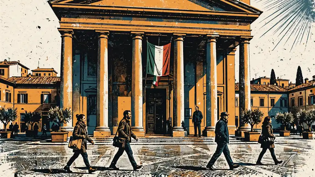 Facciata istituzionale italiana con colonne e bandiera nazionale.